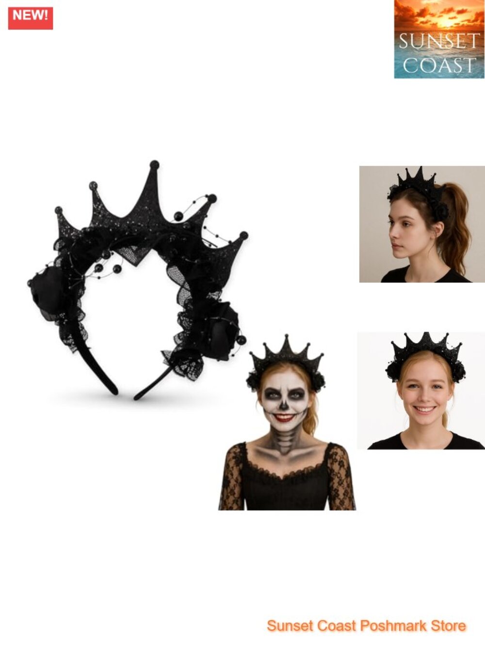 Gothic Halloween Crown Headband Black Lace Costume Accessory
